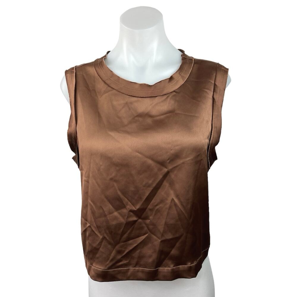 Ro&De Brown Silk Satin Crew Neck Sleeveless Pullover Boxy Crop Tank Top Size M